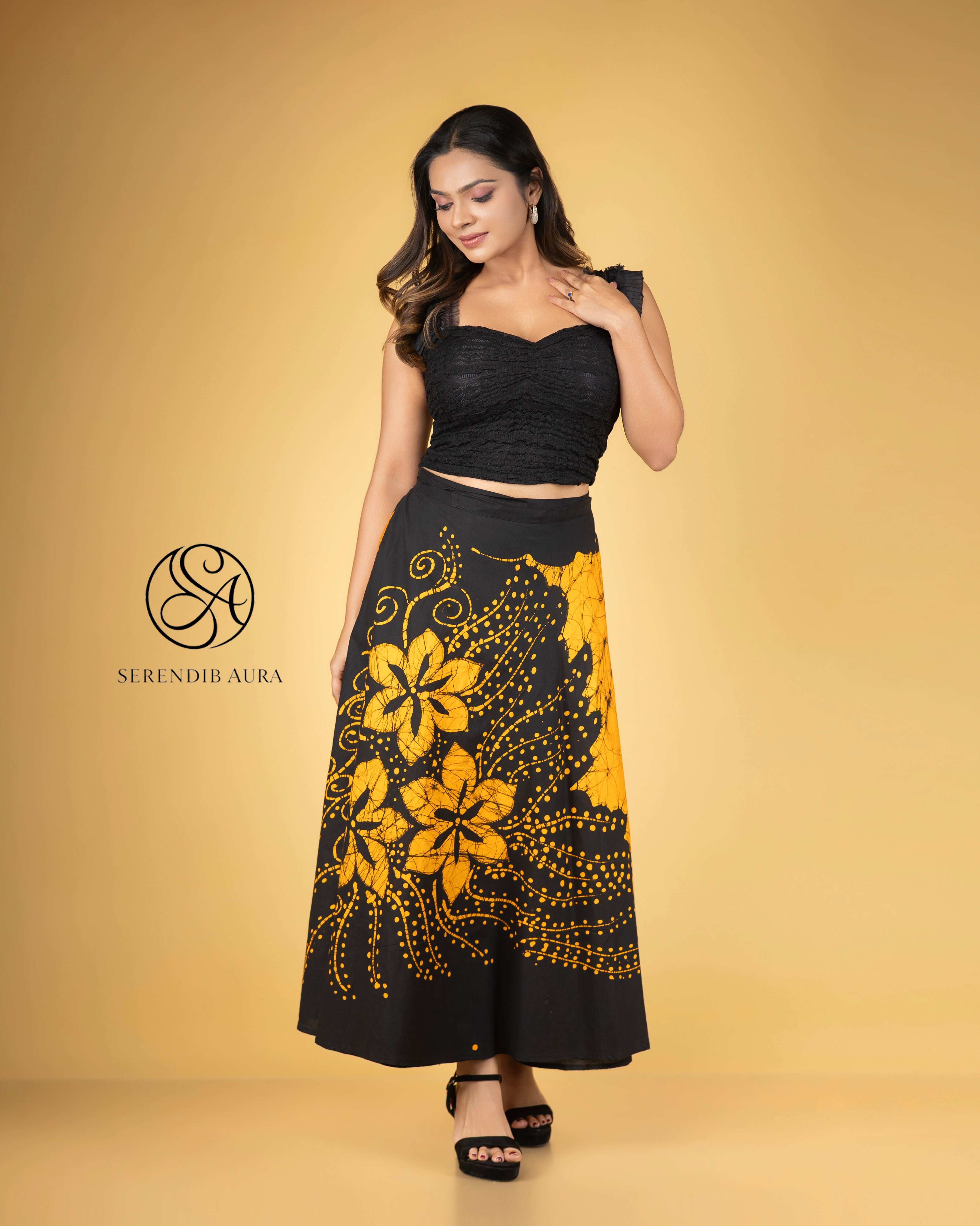 Golden Floral Batik Wraparound Skirt